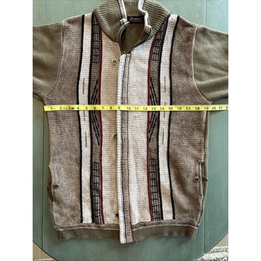Vtg Domex Geometric Knit Full Zip Sweater Jacket Mock Neck Brown Olive Size 40 - Picture 5 of 8